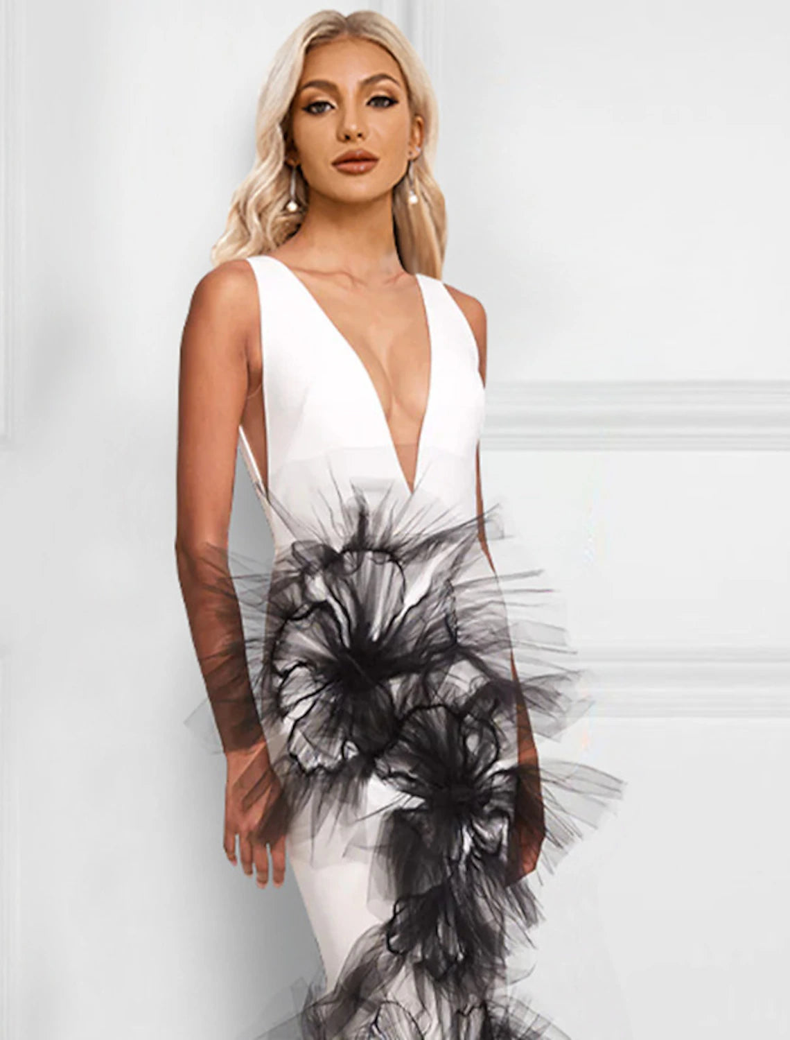 Wholesale Mermaid / Trumpet Evening Gown Color Block Dress Formal Wedding Guest Floor Length Sleeveless V Neck Stretch Fabric with Appliques